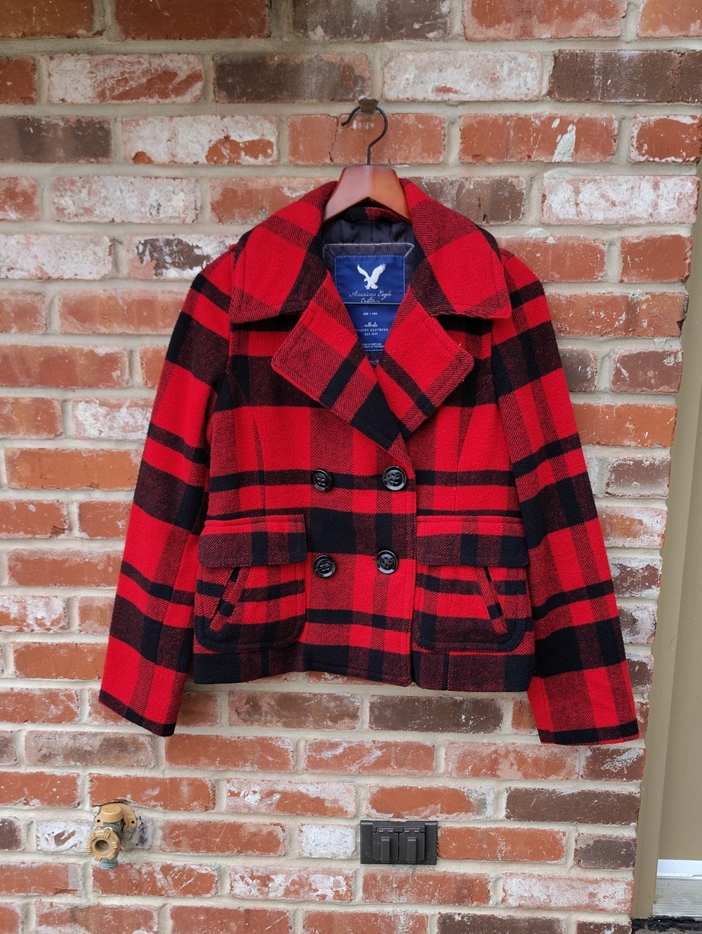 American Eagle Wool Blend Double Breasted Buffalo Plaid Pea Coat Size M Y2K - Picture 2 of 16